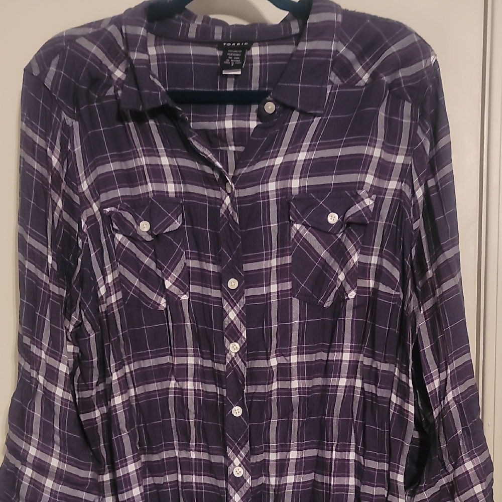 Torrid Purple and White Plaid Shirt